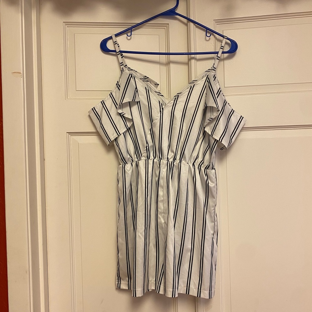 Romwe white and black striped Romper